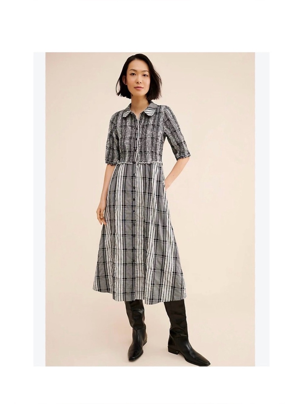 Anthropologie Maeve Gray Black Plaid Button-Front Dress